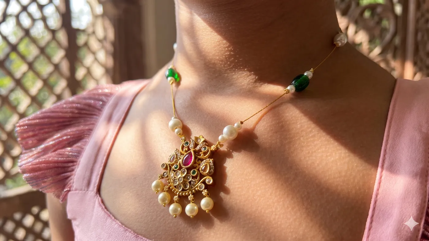 Royal Pearl and Emerald Beaded Pendant Chain